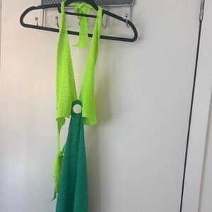 Crochet Halter Dress in Neon Lime & Teal